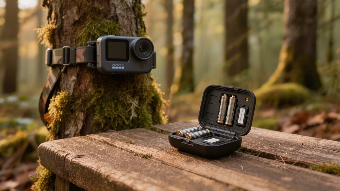 Compartiment à piles d'une caméra de chasse avec piles lithium et carte SD