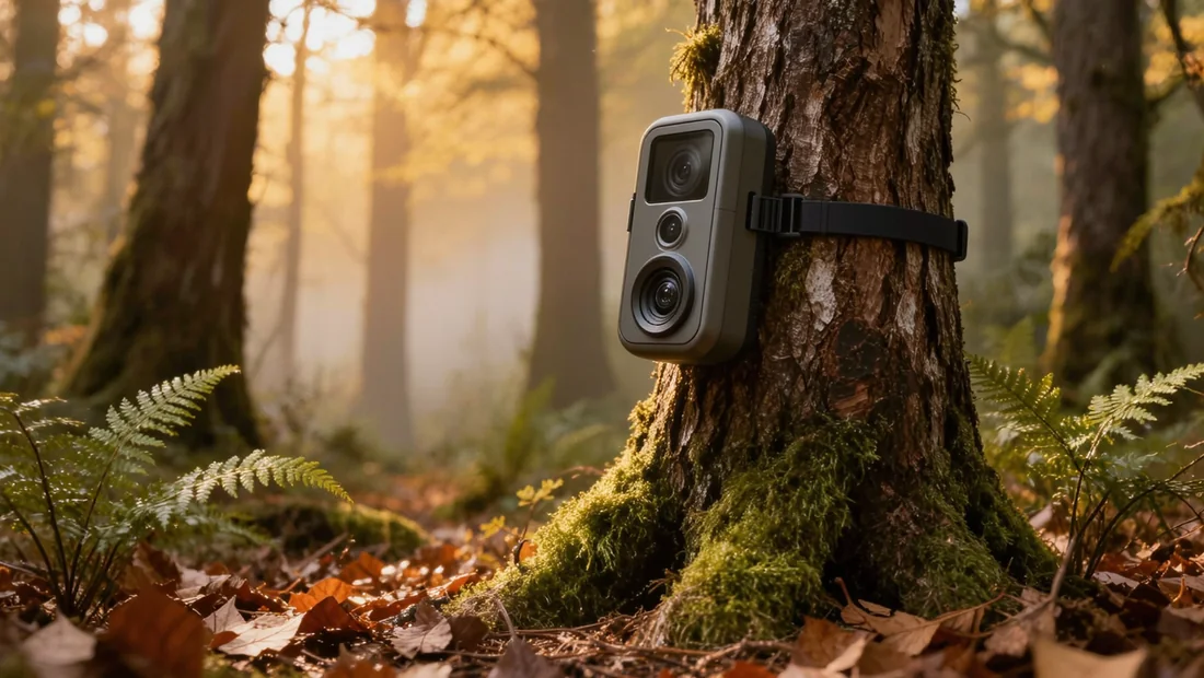 Caméra de chasse installée face à un chemin de gibier en forêt