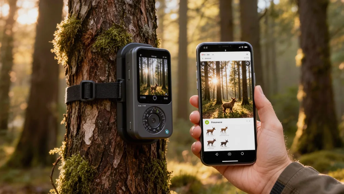 Réception d'une alerte photo d'une caméra de chasse GSM sur un smartphone en forêt