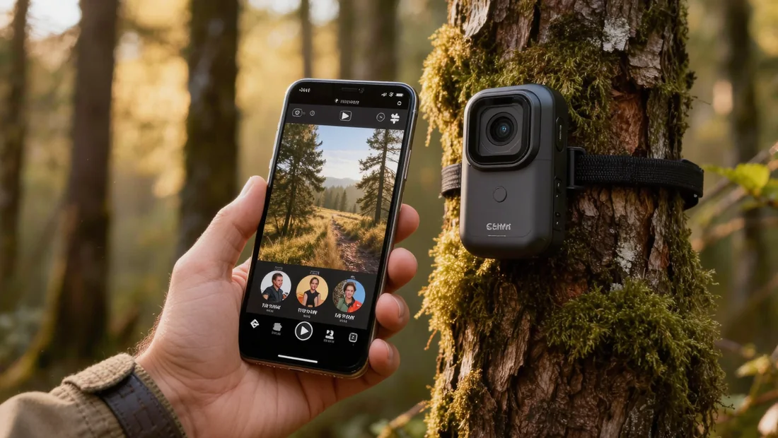 Téléphone connecté à une caméra de chasse wifi pour lire les photos en forêt