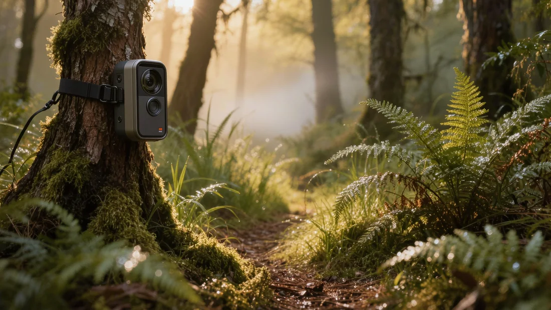 Caméra de chasse wifi orientée vers une coulée de gibier dans les herbes hautes