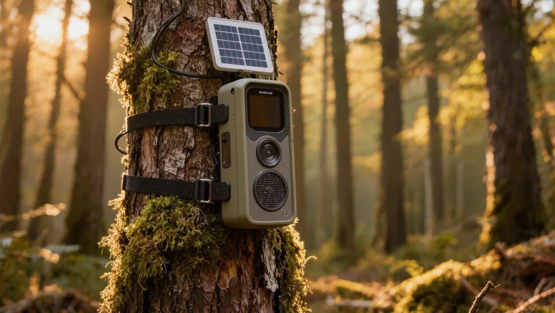 Caméra de chasse solaire installée sur un arbre en lisière de forêt