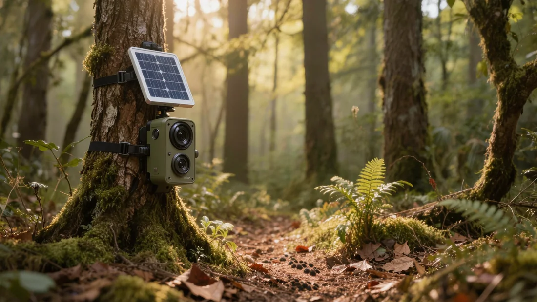 Panneau solaire installé au-dessus d'une caméra de chasse dans une clairière