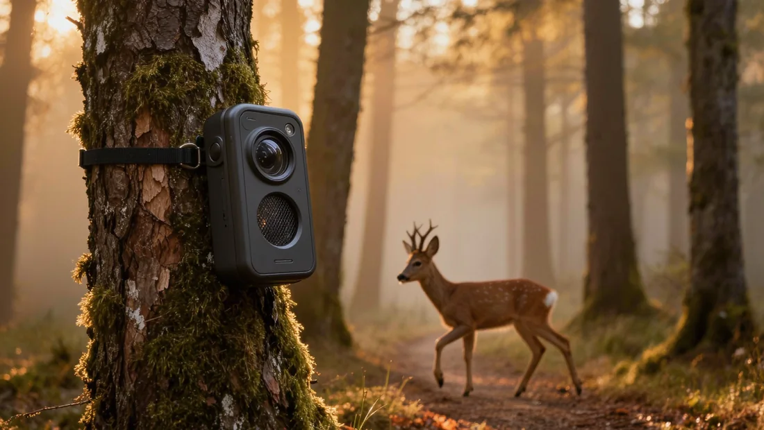 Caméra de chasse orientée vers un chemin forestier où passe un chevreuil à l'aube