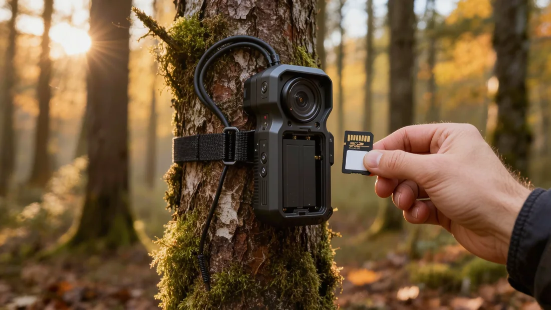 Carte SD et compartiment de piles d'une caméra de chasse ouverts en forêt