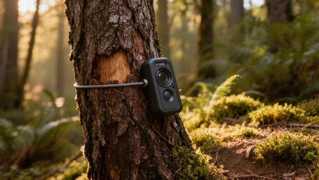 Marque d'usure sur l'écorce et câble de sécurité au pied d'un arbre en forêt
