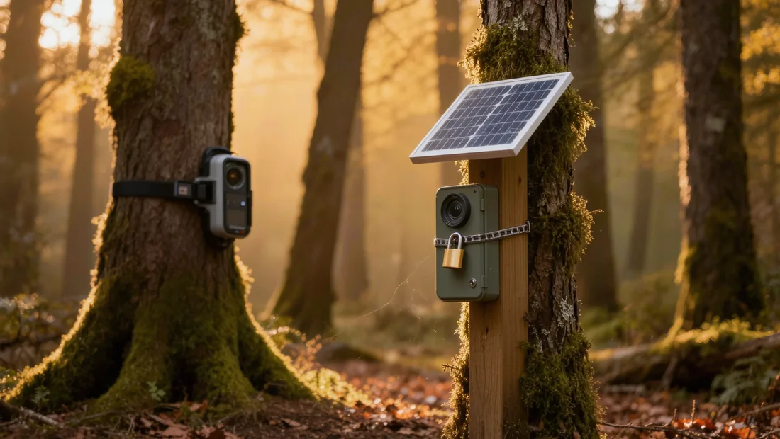 Caméra de chasse solaire sur support en bois avec cadenas et panneau solaire en lisière