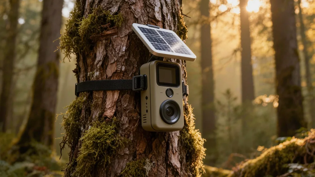 Caméra de chasse solaire installée sur un arbre