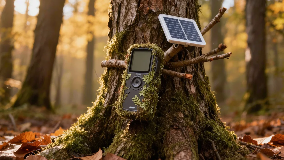 Caméra de chasse solaire avec panneau solaire en forêt