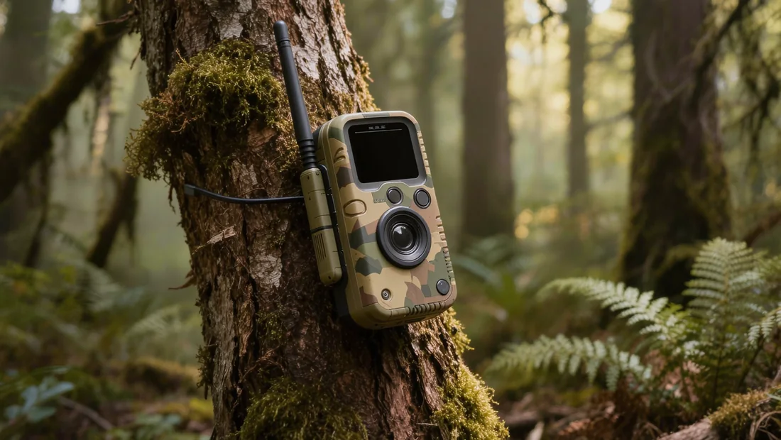Caméra de chasse 4G avec antenne externe fixée à un arbre