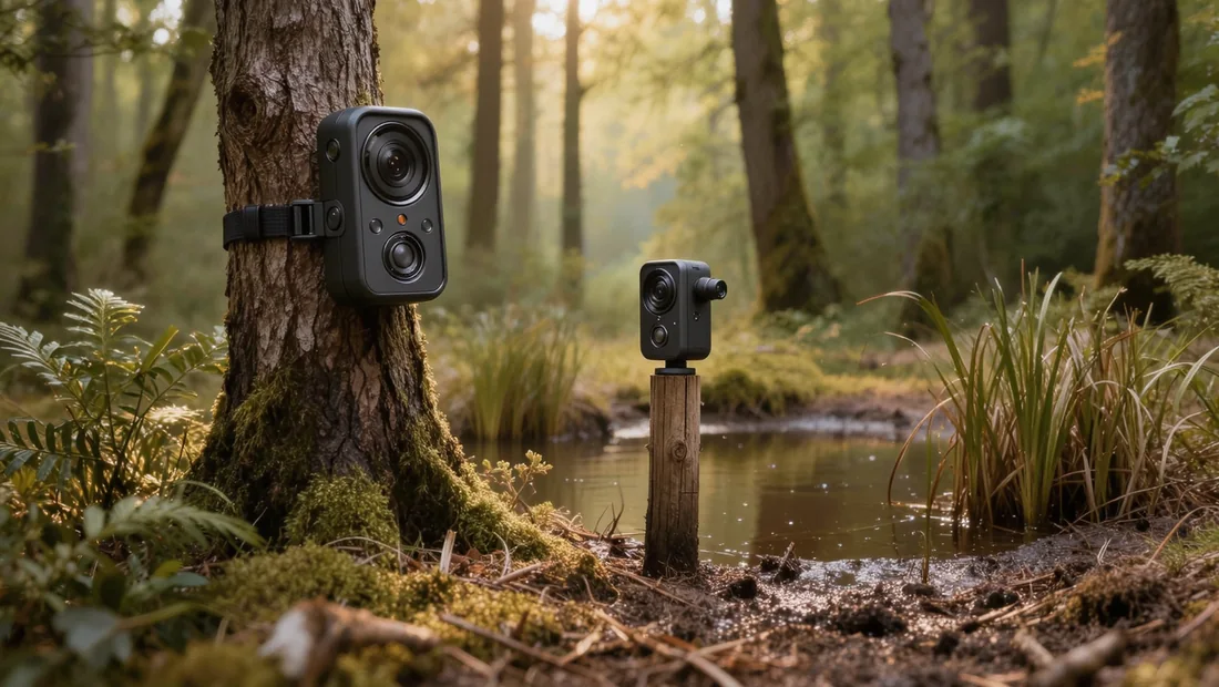 Caméra de chasse sur piquet en bois près d'une mare forestière