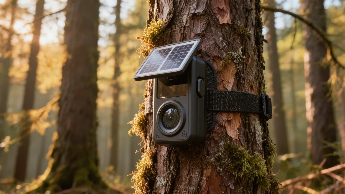 Caméra de chasse avec panneau solaire fixé sur un arbre en forêt