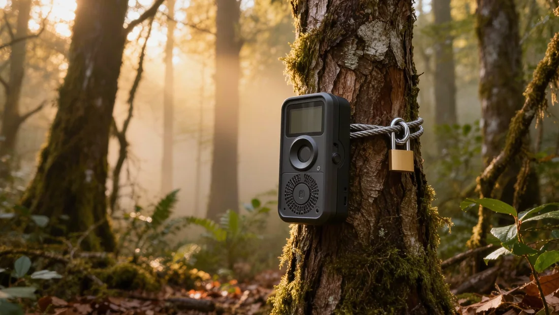 Caméra de chasse protégée par un câble de sécurité sur un arbre en sous-bois