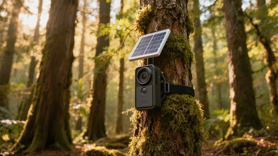 Panneau solaire alimentant une caméra de chasse fixée à un arbre