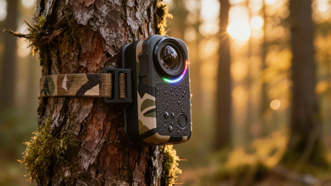 Gros plan sur l'objectif et les LED infrarouges d'une caméra de chasse, vitre embuée
