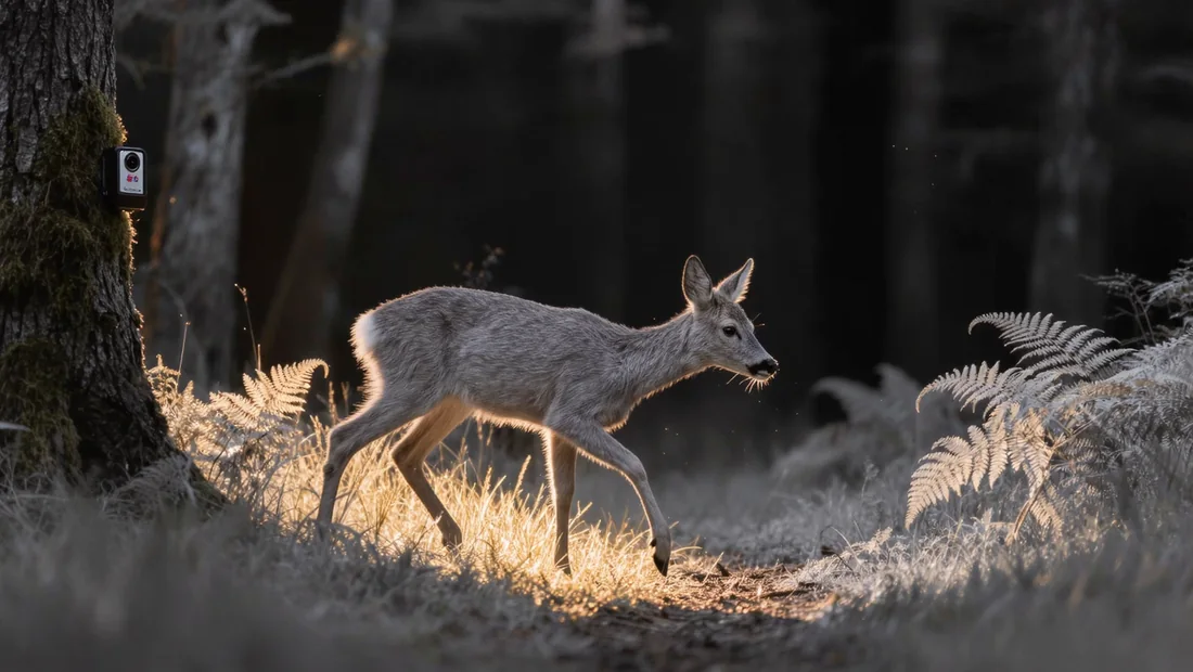 Chevreuil traversant un chemin forestier la nuit, image infrarouge en noir et blanc