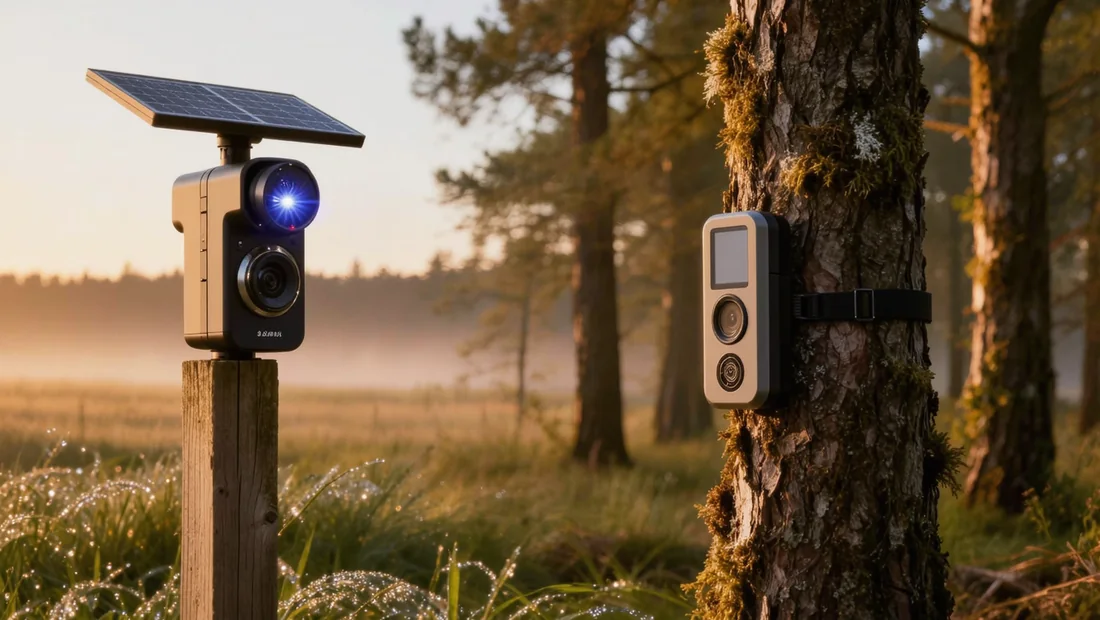 Caméra de chasse solaire installée sur un piquet en bordure de champ la nuit